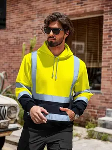 Men's Fall Winter Hooded Sweatshirt, Menswear Heavyweight Fleece Lined Reflective Strips, Windproof Outdoor Warm Clothing, Comfortable Nightwear