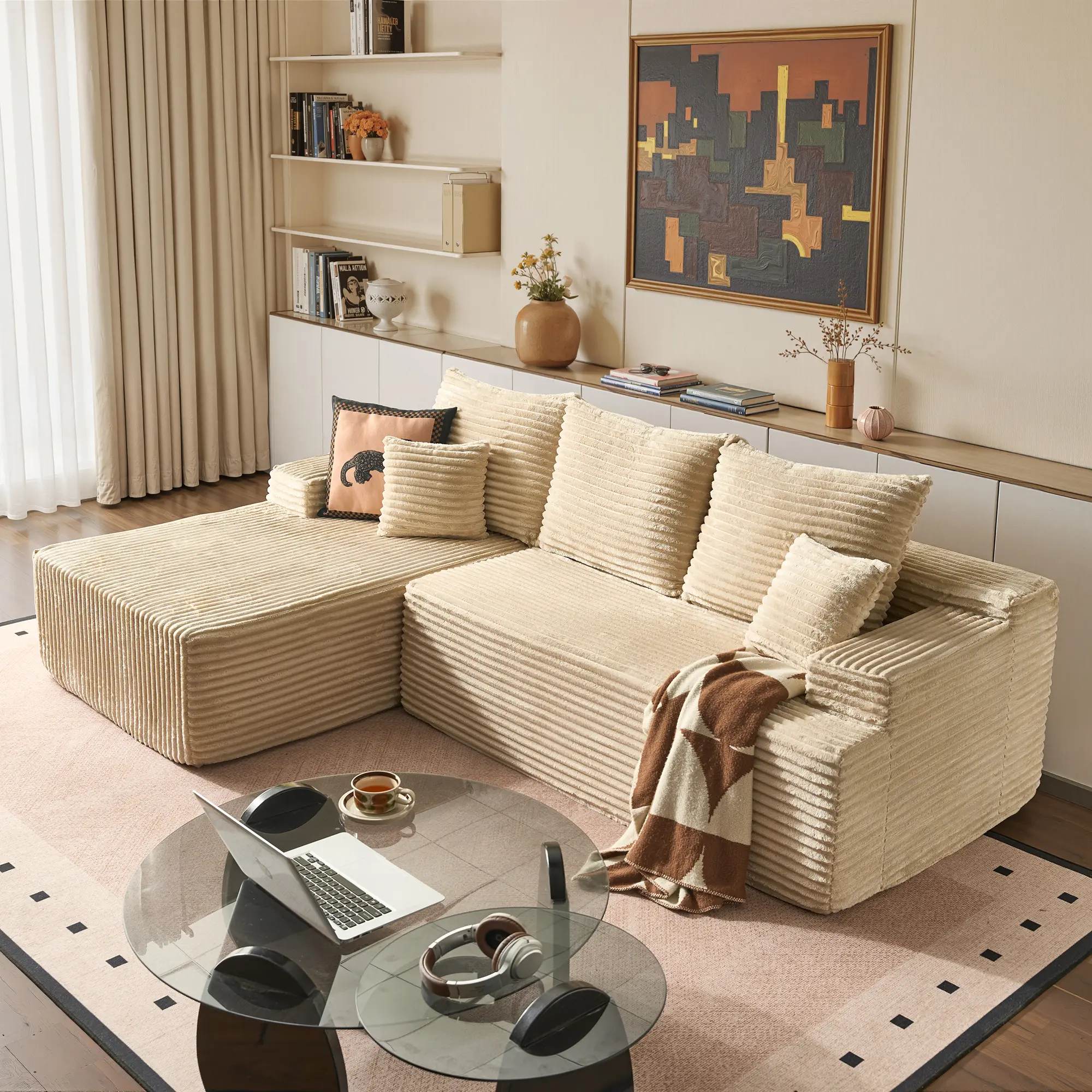 XIZZI 96" L Shaped Boneless  Couches for Living Room and Apartment, Comfy Corduroy Floor Cloud Sofa with Chaise, Wide Armrest, Deep Seat, Memory Foam, Assembly Free, Ideal for Small Spaces, No Assembly Required