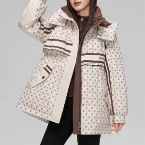 YAYA Women‘s Classic Print Down Jacket, Long Sleeve Zip Up Hooded Puffer Coat, Casual Fashion Fitted Warm Multicolor Outerwear Tops Comfort