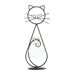 Cat Glass with Heart Vase Planter, Plant Terrarium, Holder, Propagation Station, Metal Stand for Hydroponics Plants Home Garden Wedding Decoration Outdoor Planter Ideas Modern Creative