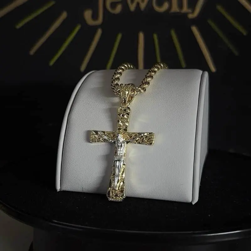 Gold Plated Cross with Nuggets Details 24 Inch Rope Chain Unisex Jewelry Fashionable Accessory Statement Religious Necklace Sentimental Necklaces for Men and Women, Cross Necklace, Gold Chain Necklaces