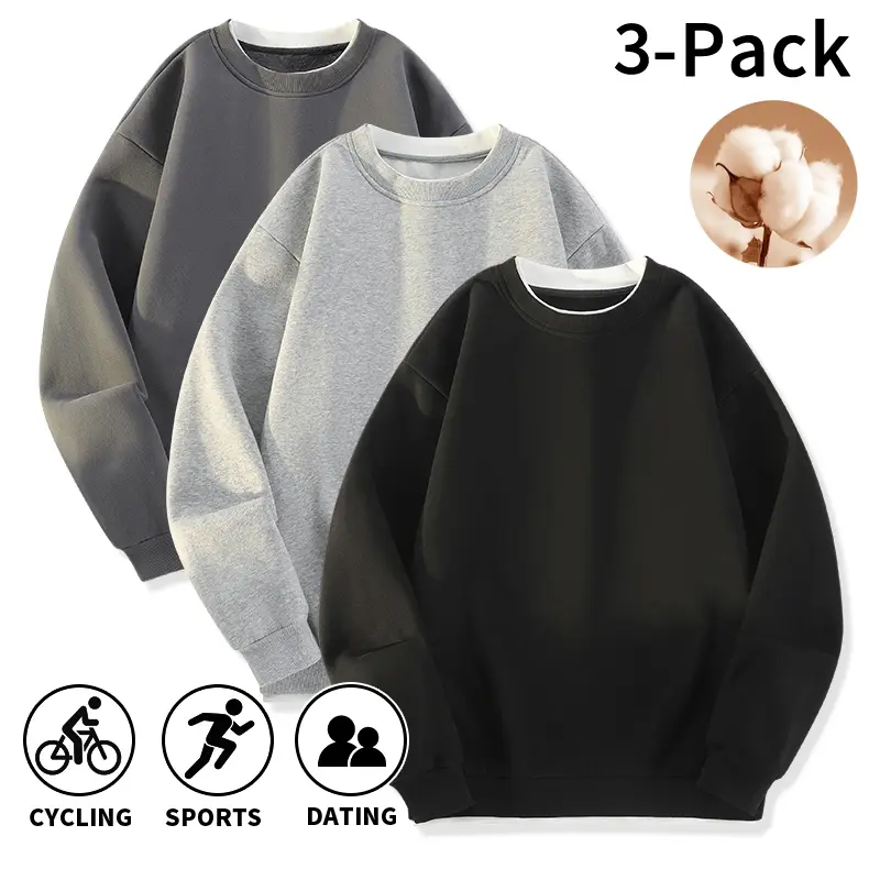 Men's Autumn Winter 3‑Pack Faux Two‑Piece Cotton Crewneck Sweatshirt, Drop‑Shoulder Loose Fit Fake Layer Pullover, Soft Cozy Breathable Long‑Sleeve Top for Young Men, Teens & Adult Males, Cycling Sports Dating Daily Street Outfits