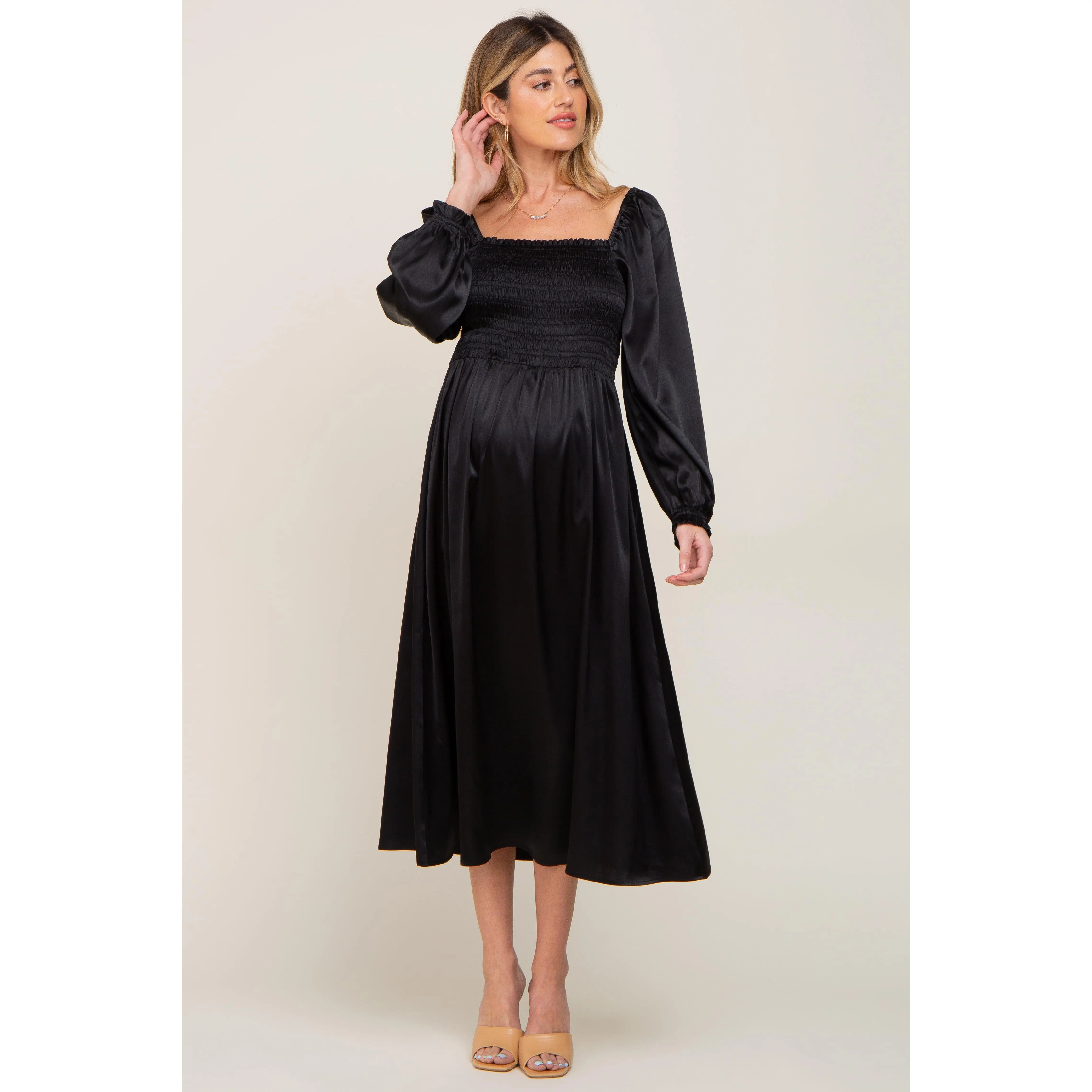 Black Smocked Square Neck Satin Maternity Midi Dress - TikTok Shop Black Smocked Square Neck Satin Maternity Midi Dress - TikTok Shop