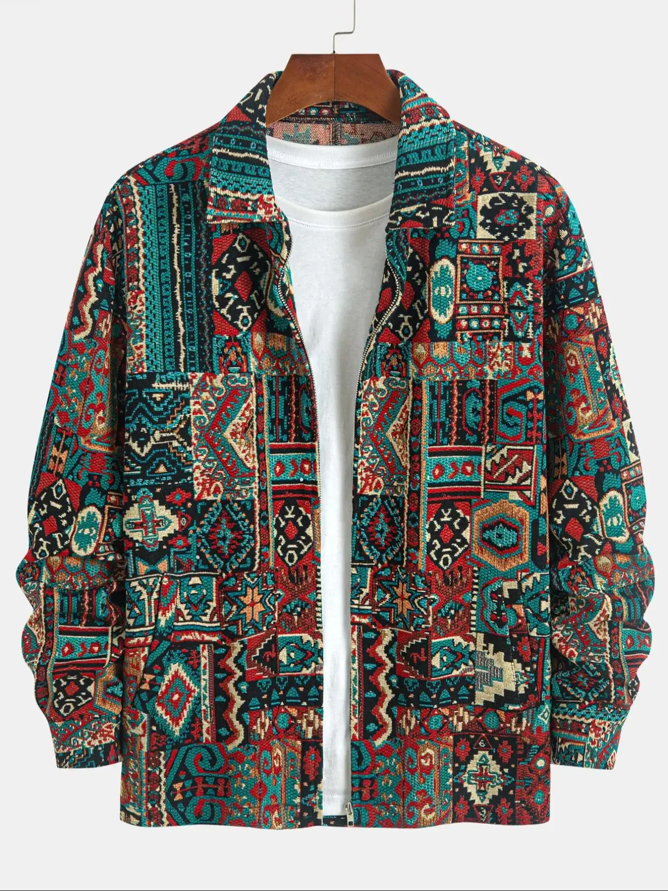 Men's Loose Floral Print Jacket Pockets Casual Breathable Zipper Coat Spring Fall Long Sleeve Design Floral Jacquard Jacket Casual Woven Jacket 2026 Soft Lightweight Trendy Beach Vacation Outdoor Streetwear Hip Hop