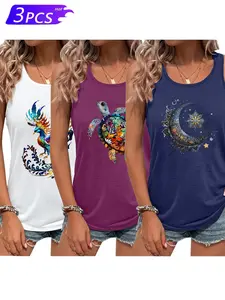 Women's Fashion Turtle Phoenix Moon Print Sleeveless Vest, Casual Summer Three-Piece Set, Lightweight Fabric, Perfect for Leisure and Vacation Wear