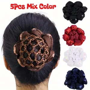 5Pcs Vintage Women Hair Net Sequins Hollow Out High Elasticity Handmade Shiny Bud Hair Net Ballet Circlet Hair Accessories