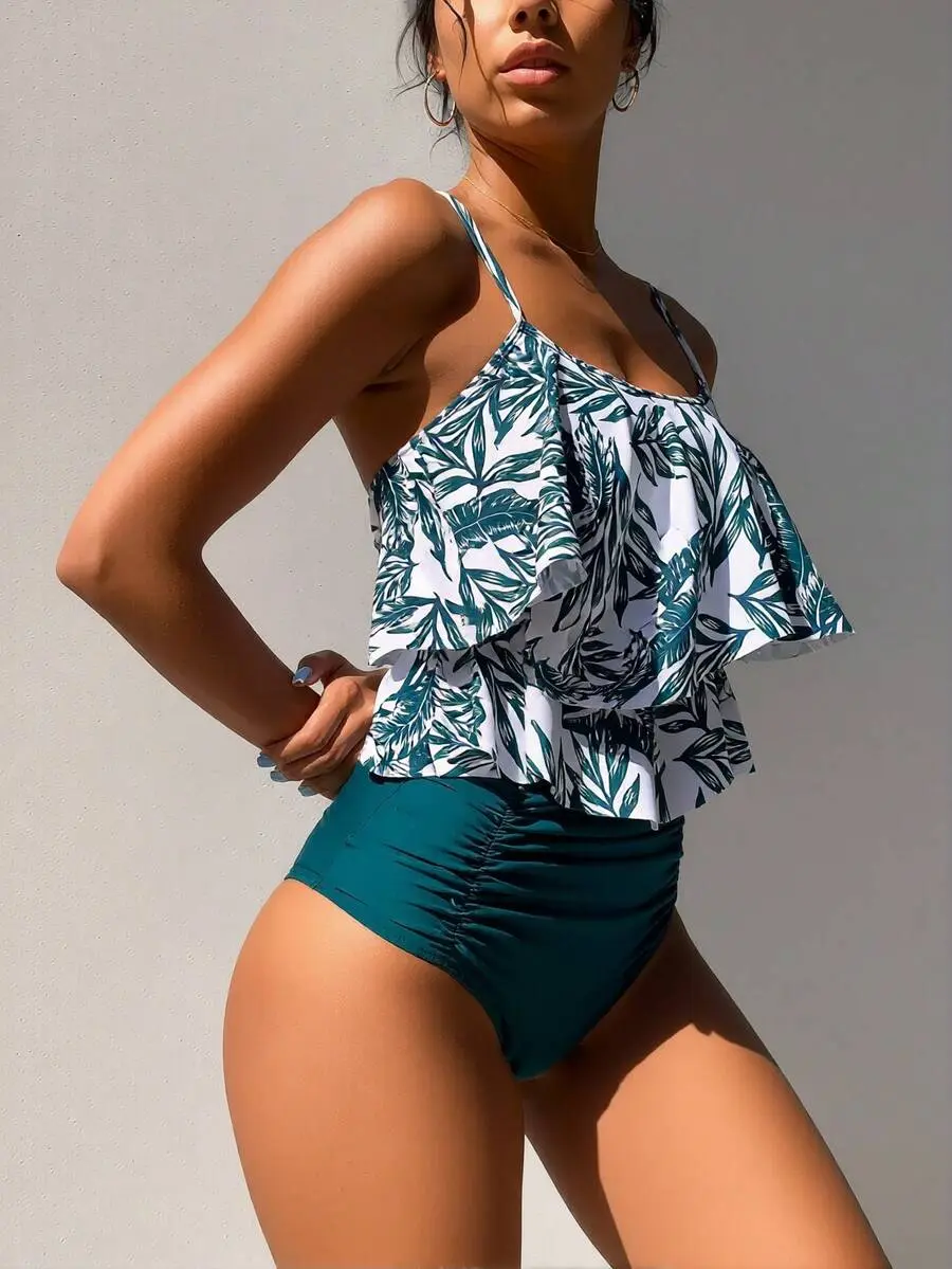 Women's Green & White Leaf Print Tankini Bikini Set, with a flounce top and high-waisted ruched bottom, a flattering 2-piece swimsuit suitable for all body types.