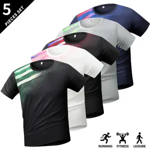 Pack of 5 men’s summer sports running T-shirts, crew neck breathable color-block tops, available in multiple colors, short sleeves, suitable for fitness, basketball, couples gifting, and everyday commuting outfits.