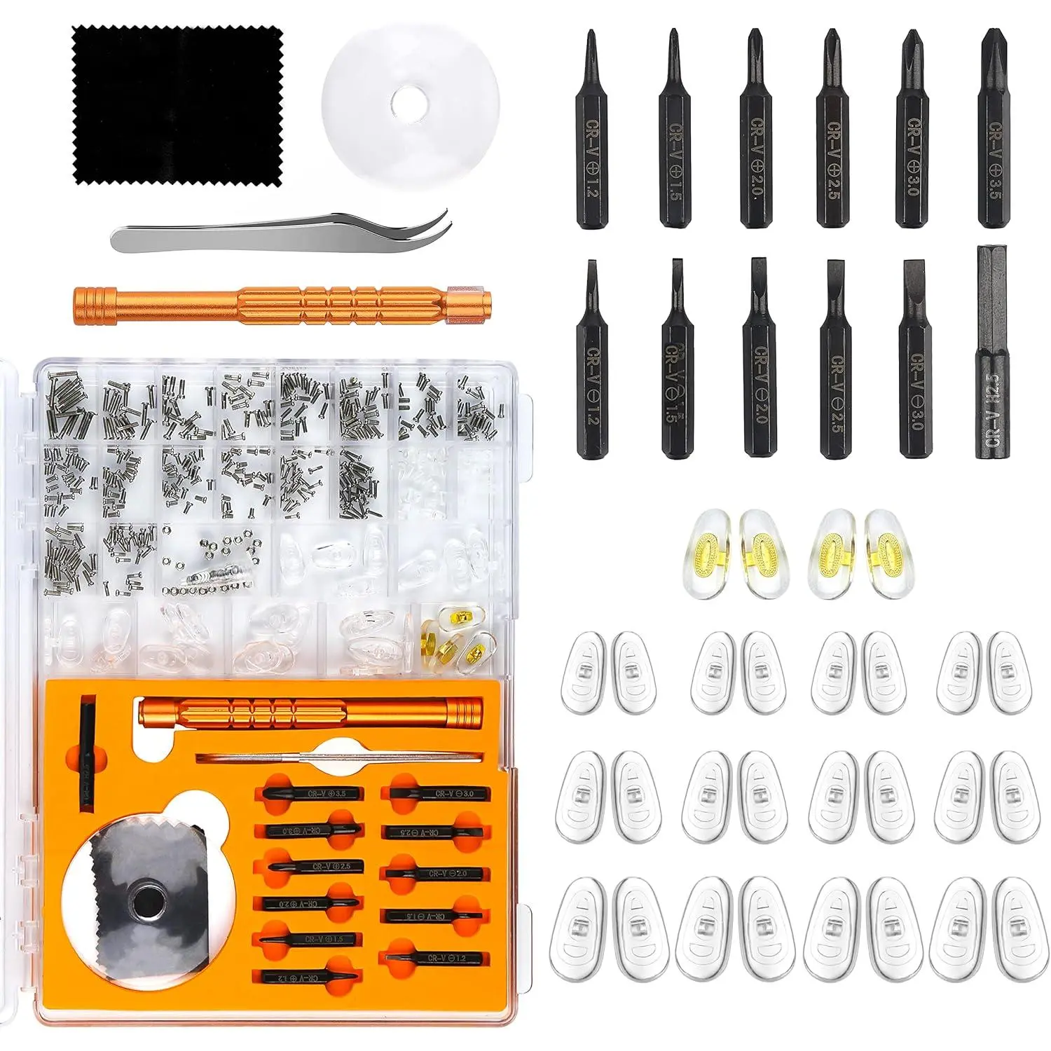 Upgraded All-in-One  Eyeglass Repair kit with Magnifying Glass, Repair Tool Kit with 12 Interchangeable  Bits, Nose Pads, Screws and Tweezer for Eyeglass, Sunglass, Watch, Laptop