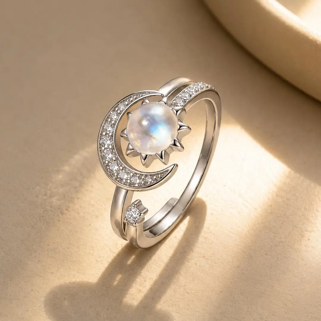 Sun Moon Ring for Women, Adjustable Sun and Moon Celestial Ring with Moonstone & Sparkling Crystal, Crescent Moon Star Open Ring, Boho Witchy Astrology Jewelry, Birthday Christmas Gifts for Her,Love & Back to School