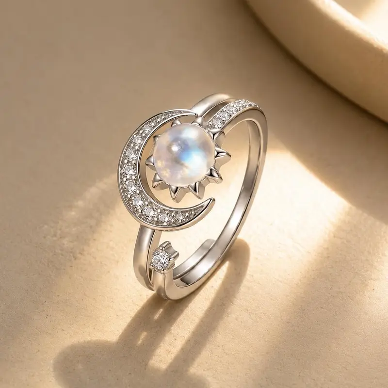 Sun Moon Ring for Women, Adjustable Sun and Moon Celestial Ring with Moonstone & Sparkling Crystal, Crescent Moon Star Open Ring, Boho Witchy Astrology Jewelry, Birthday Christmas Gifts for Her,Love & Back to School