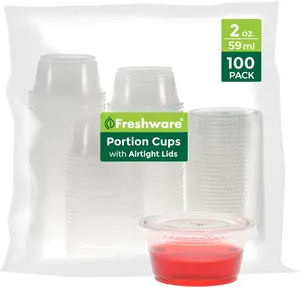 100 Pack 2 oz Plastic Portion Cups with Lids,  Disposable Condiment and Dipping