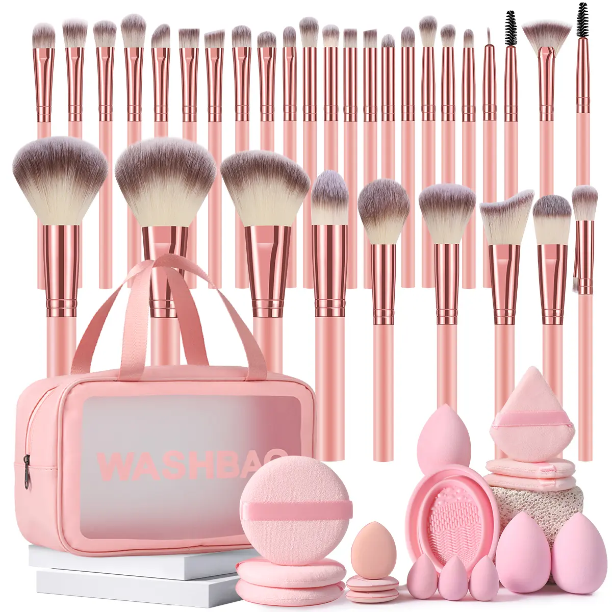 49PCS Makeup Tools Set: Makeup Brush Set with Storage Bag+3PCS Makeup Sponges+3PCS Mini Makeup Sponges+3PCS Triangle Powder Puffs+3PCS Mini Air Cushion Powder Puffs+1pc Makeup Brush Cleaning Tools+3PCS Circular Powder Puffs Kit, Foundation