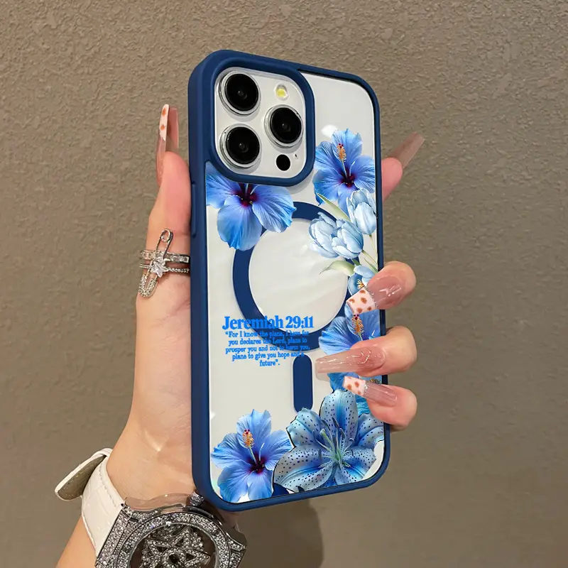 Magnetic Magsafe-Compatible Smartphone Case for iPhone 11/12/13/14/15/16/17 Pro Max, Hibiscus Hope Design, Lightweight Handheld Cellphone Protection for Devices, Anti-Fall Girly Chic Style