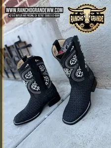 Petatillo Boots Black Square Toe Premium Leather Hight Quality Botas color Negra