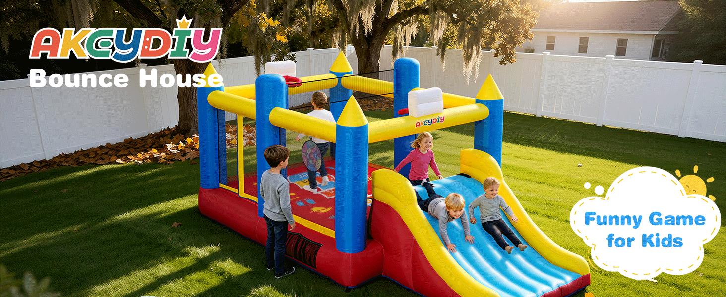 AKEYDIY Inflatable Bounce House for Kids 3-12, 15.2 x 8.3 x 7 ft Bouncy Castle with Large Bounce Area, Extra Wide Slide, 2 Basketball Hoops, Removable Volleyball Net, Dart Ball Set for Outdoor/Indoor, Blower Included, Brithday Gifts for Boys Girls