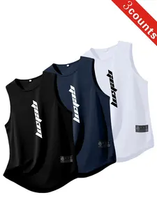 3-Piece Set New Pattern Letter Print Breathable Polyester Vest, Sleeveless Sports Vest, Comfortable Skin-Friendly Sports Tank Top, Sport Activewear for Gym Running Home Outdoor Casual Summer Wear, Sports Apparel