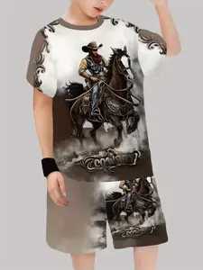 Boys Round Neck T-Shirt Shorts Set Outfit, American Western Style Denim Pattern, Casual Fashion 3D Digital Print, Outdoor Daily Wear