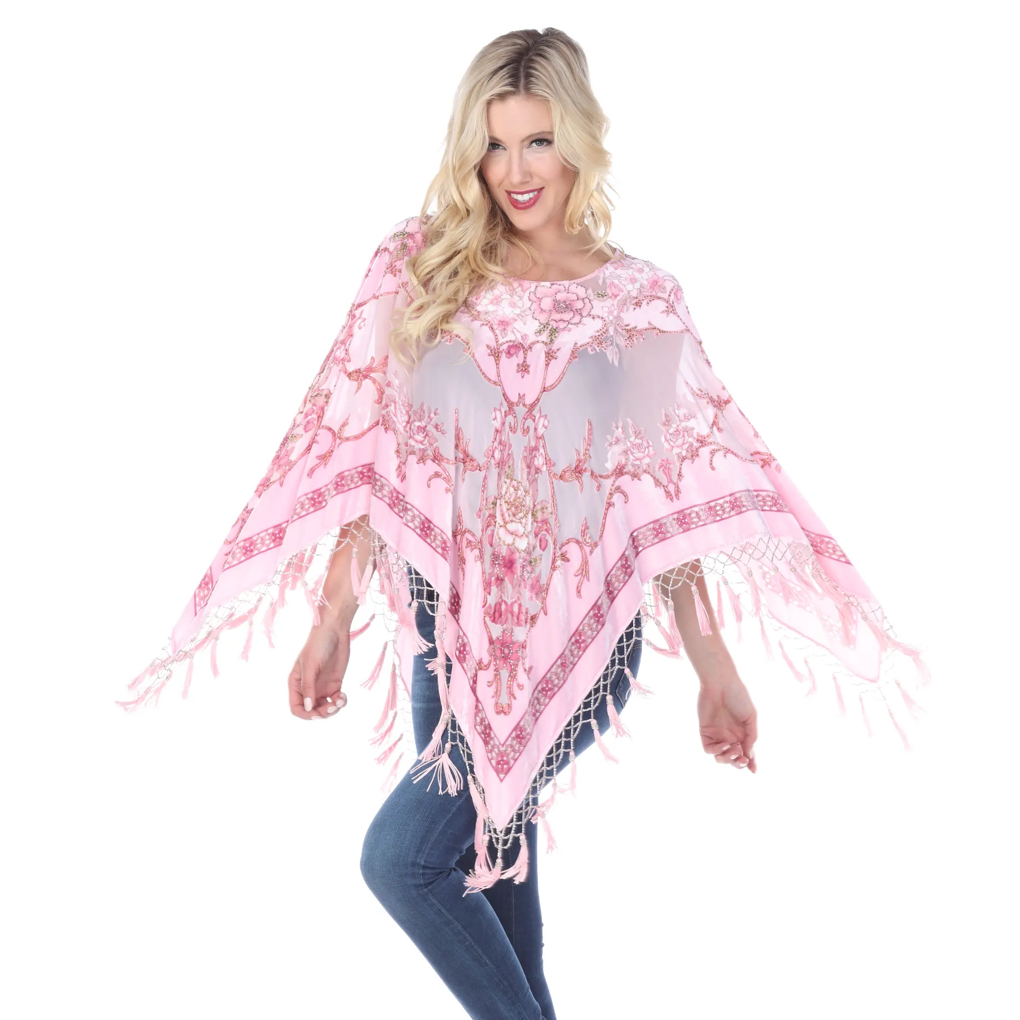 Aris A Pink Floral Silk Velvet Burnout Poncho with Hand beads