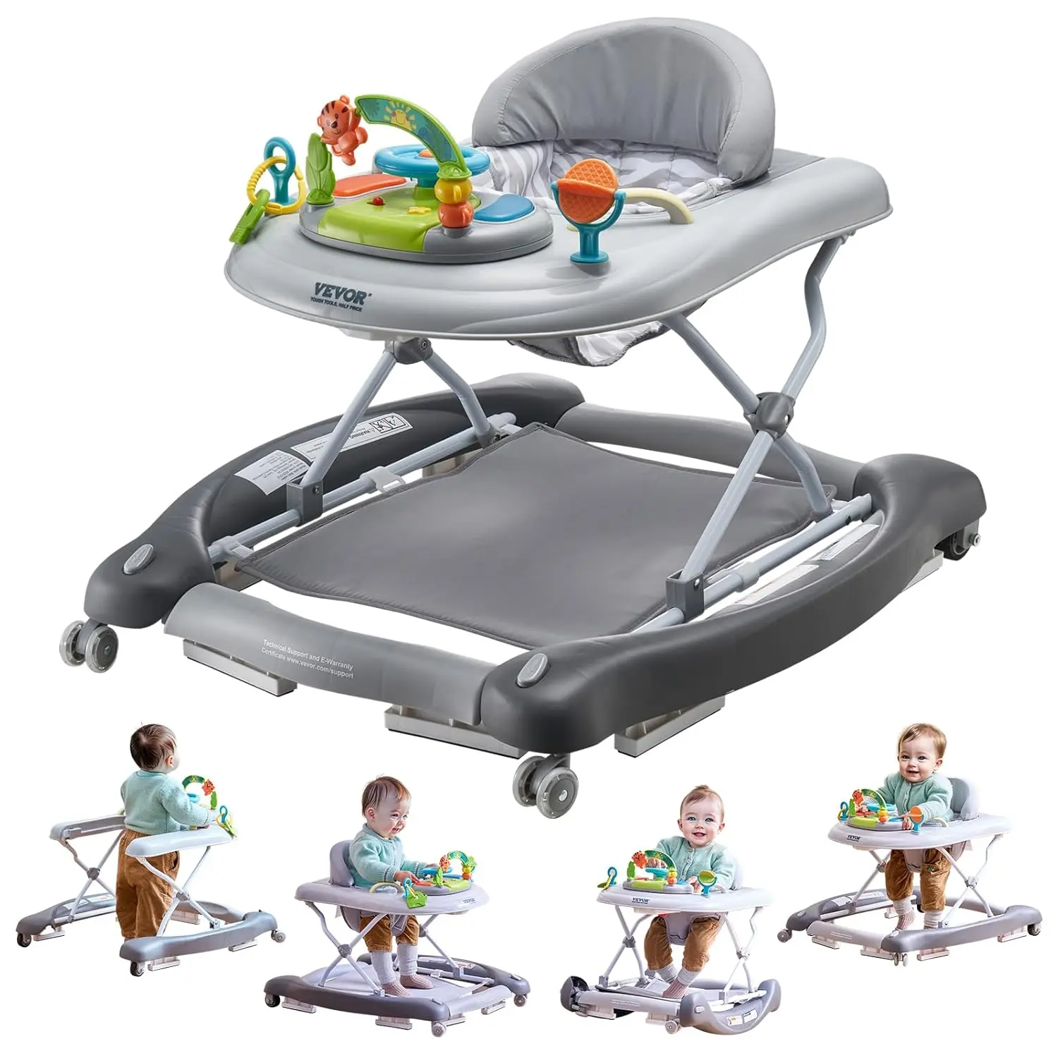 VEVOR 4-in-1 Baby Walker, Foldable Baby Activity Center with Wheels, 3 Adjustable Height, Music & Toys Tray, Learning-Seated |   Walk-Behind |   Rocker |   Bouncer Toddler Walker for Boys Girls 6-24 Months