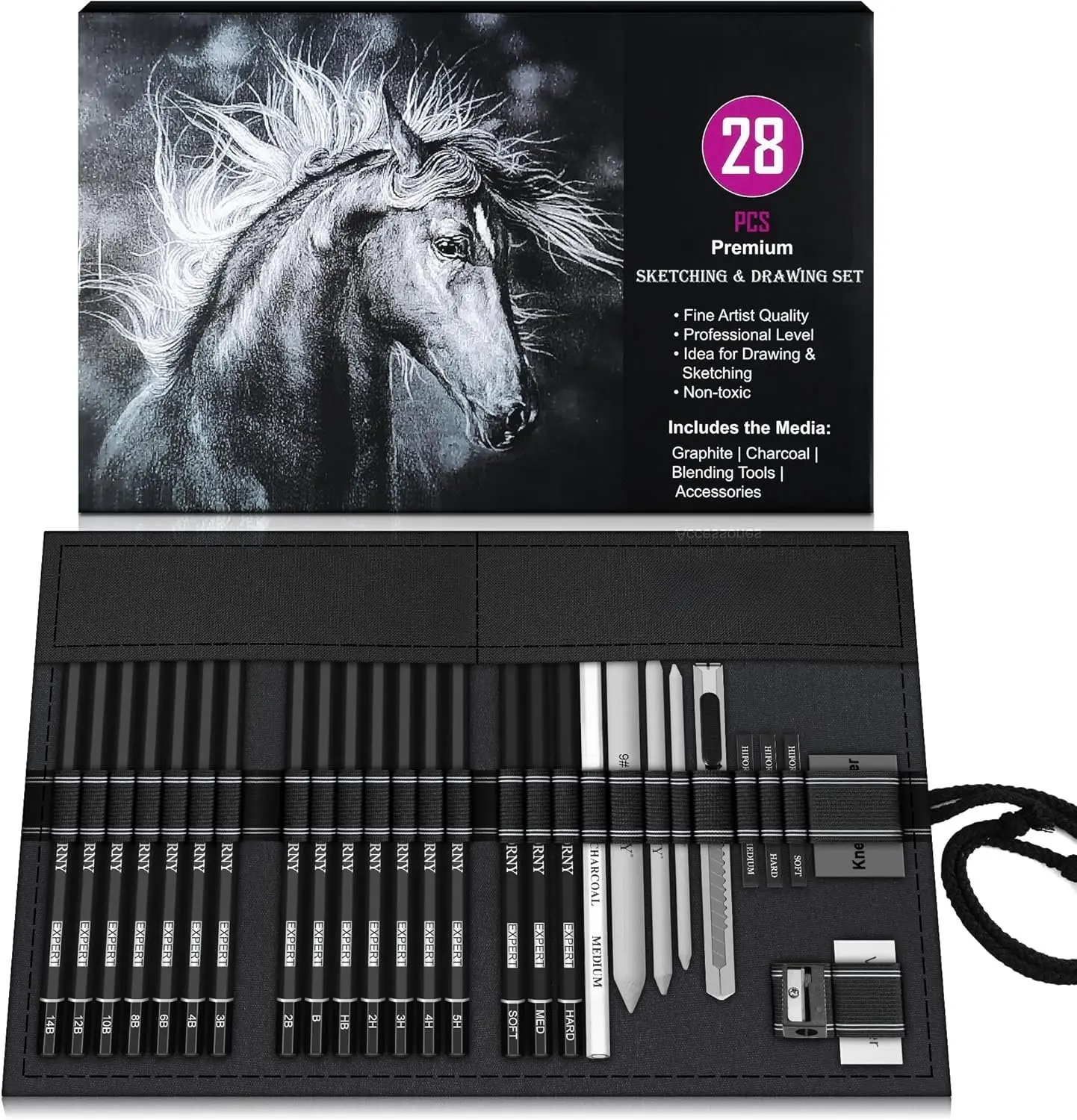28 count Sketching Drawing Pencil Set,Sketch Pencils Art Supplies with Graphite,Charcoal,Blending Tools,Accessories,Drawing Kit for Adults Artists in Canvas Roll Up Case