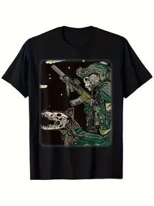 Mens Tactical Graphic T-Shirt - Black Military Skull Helmet Night Vision & Starry Sky Design, No-Stretch Fabric, Machine Washable, Regular Fit Short Sleeve Crew Neck for Casual Outdoor & Casual Attire