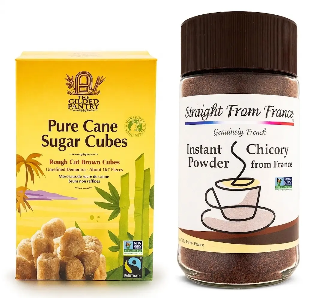 The Gilded Pantry Raw Brown Cane Sugar Cubes Bundle with 7 Oz Caffeine-Free Instant Chicory Powder - FairTrade, Non-GMO, Natural, Sweet, Gluten-Free, Straight from France