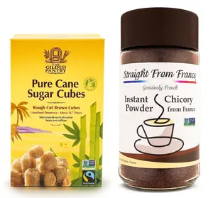 The Gilded Pantry Raw & Brown Cane Sugar Cubes Bundle with 7 Oz Caffeine Free Instant Chicory Powder - FairTrade, Non GMO Certified, Straight from France, Raw & Brown Sugar
