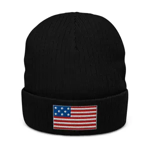 Ribbed Knit Beanie | Warm Winter Cuffed Hat | American Flag Patch