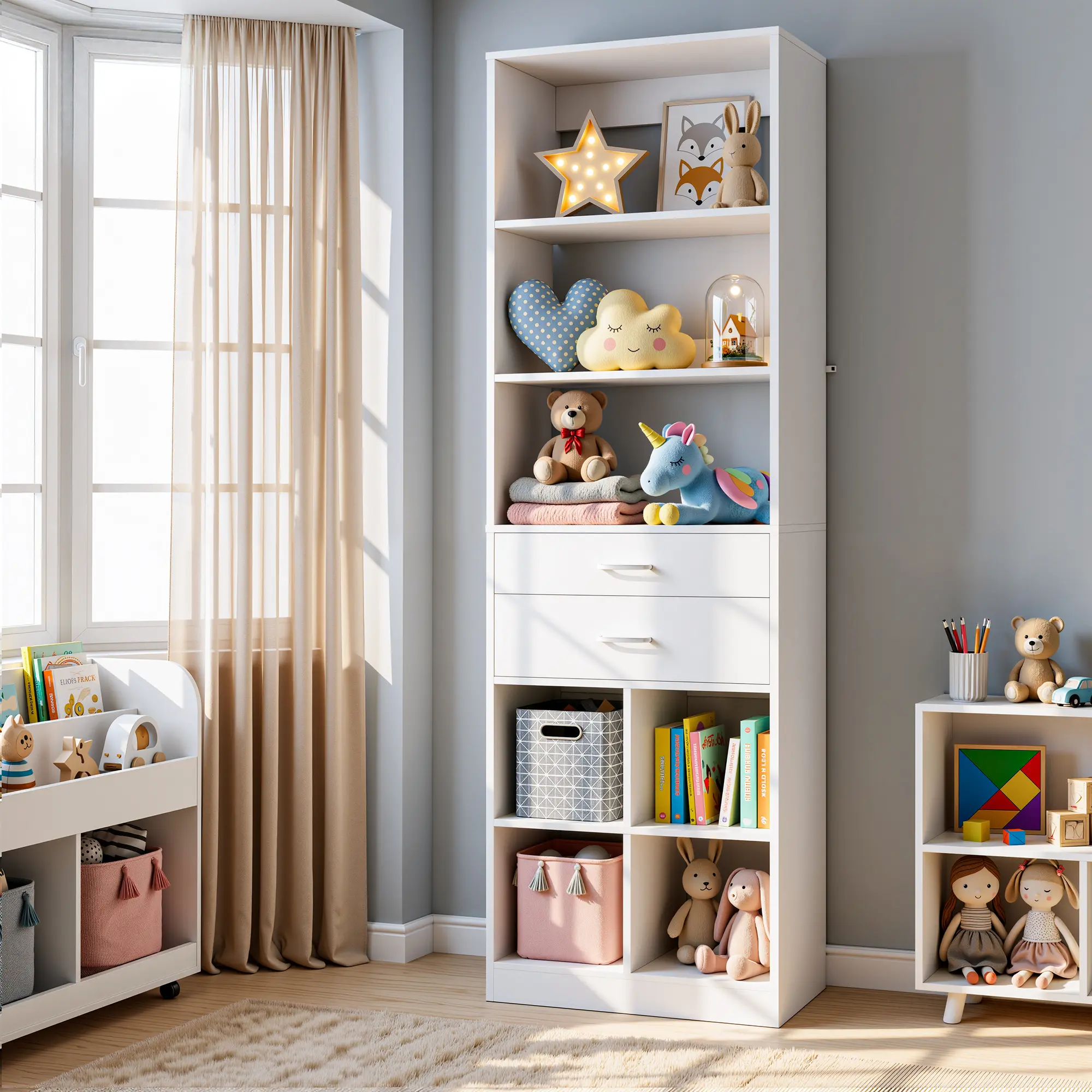 Cyclysio 22"W Closet Organizer Tower with 2 Drawers & Cubbies, Talll Bedroom Dresser Wood Vanity Storage Cabinet Aesthetic Bookshelf with Display Shelves