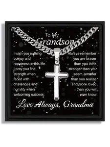 1 piece silver cross pendant Cuban chain necklace for Valentine's Day and birthday gift to grandson style with blessing card and box, Cuban Link Necklace