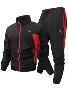 Bull Print Colorblock Patchwork Tracksuit for Men, Spring & Fall Quick-Dry Breathable Sports Set, Running Athletic Set, Windproof Stand Collar Long Sleeve Jacket, Zip Up Coat Outwear Tops + Drawstring Elastic Waist Pants Trousers with Zipper Pockets