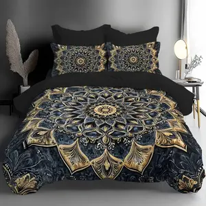 Bohemian Sunflower Pattern Print Bedding Set, 3 Piece (1 Fitted Sheet + 2 Pillowcases), Polyester Fiber, No Quilt Included