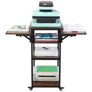 fathersdaygift VEVOR Heat Press Table with Charging Station, 4 Tier Movable Heat Press Stand, Foldable Heat Transfer Machine Stand with Wheels, Rolling Metal Workbench for Sublimation Transfer Machine, Brown