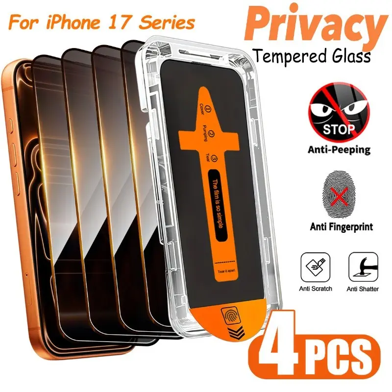 4pcs Privacy Screen Protector for iPhone 17 Air/17/16/15/14/13/12/11/Pro Max/Pro/Plus/Mini/X/XS/XS MAX/XR/7/8/SE,One-Click Film Applicator,Automatic Alignment,Anti-peeping,Scratch-Resistant,Protection,Bubble-free,Compatibility with Dynamic Island