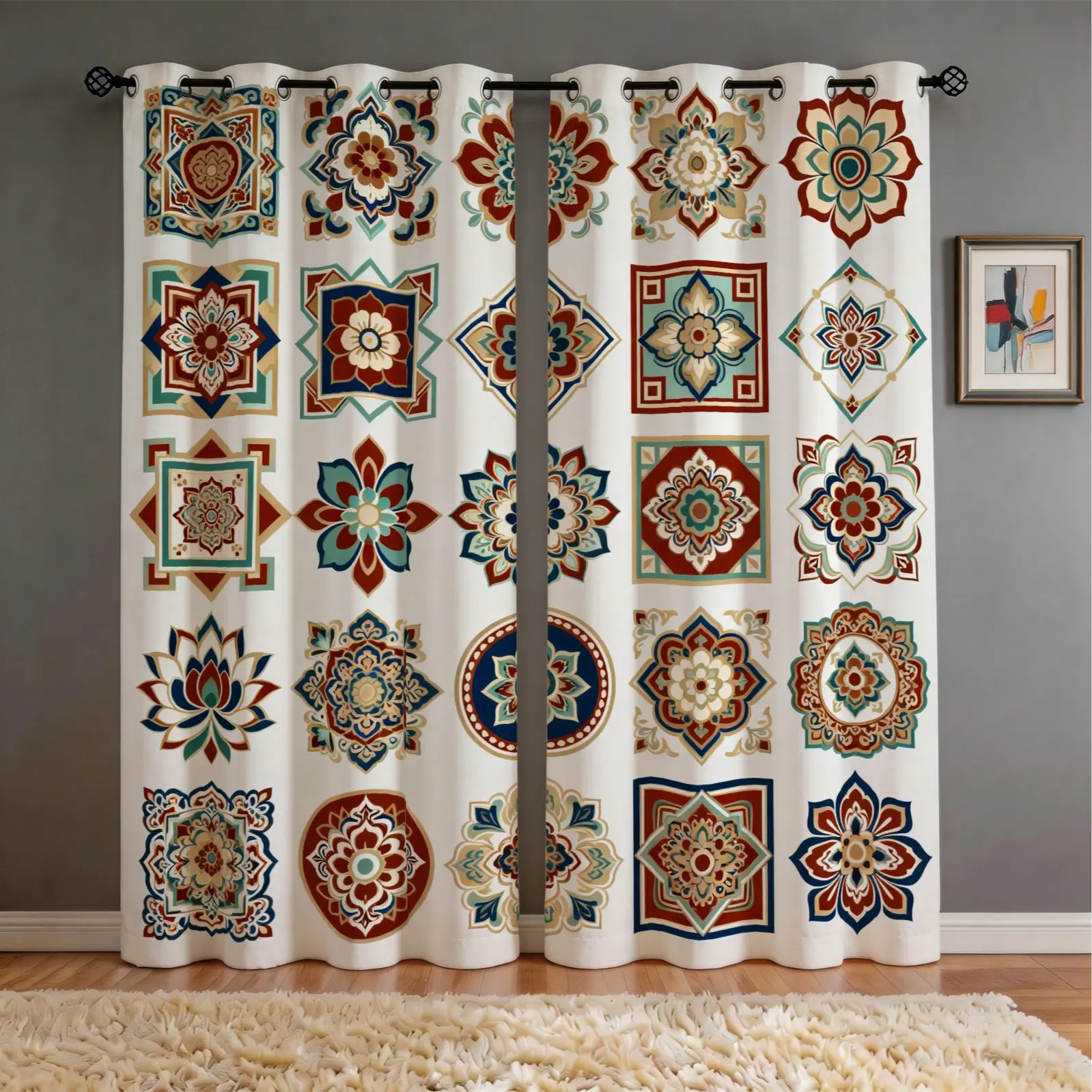 2 Panels Boho Mandala Printed Curtains, 80%-90% Light Blocking Darkening Curtains, HD Digital Print Vintage Floral Decoration Curtains for Living Room & Bedroom, All-Season Home Decor Window Drapes