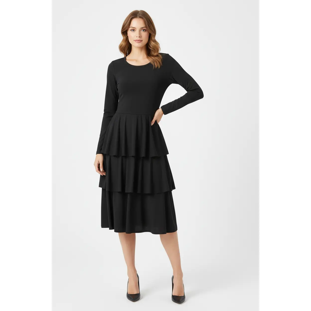 LuLaRoe Georgia Tiered Midi Dress | Basic Solid Black Style with a Comfortable, Elegant Fit for Casual Wear, Longsleeves, Scoop Neck, Tiered Skirt, Polyester Spandex, All Seasons, Flirty And Feminine Skirt, Chic, Long Sleeve, Clothes, Women, Three-Tier Sk
