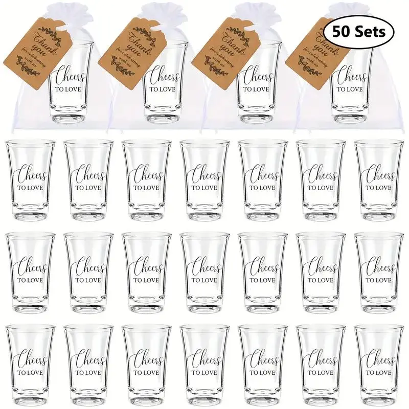 50PCS Acrylic Shot Glass Wedding Favors, 1.2oz Reusable BPA-Free Cups with 'Cheers to Love' Stickers, Party & Holiday Drinkware Set Birthday