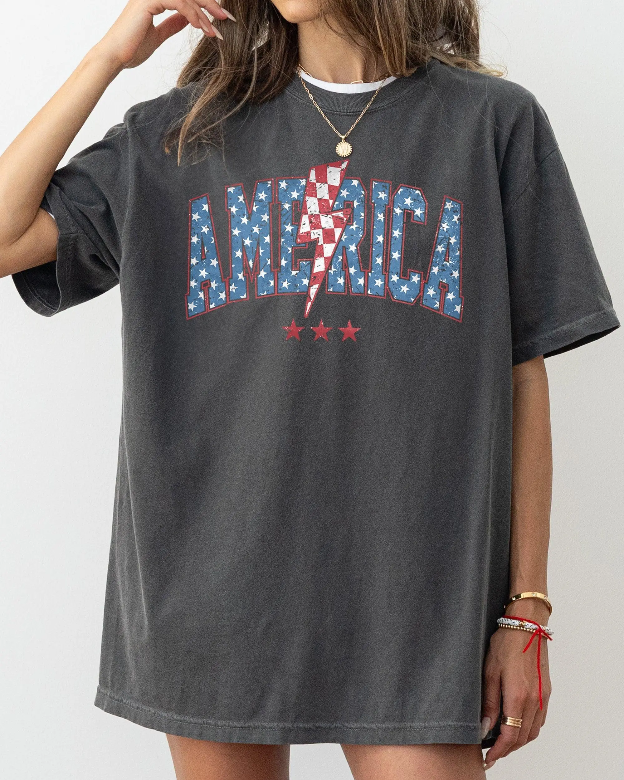 America, Retro, Lightening Bolt, USA, Patriotic, Independence Day, Fourth Of July, 4th Of July Tshirt, Women's Comfort Color Tee, Tshirt