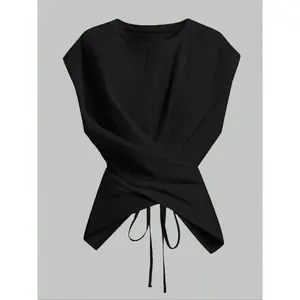 Women's Knitted Round Neck Off Shoulder Sleeve T-shirt, Fashionable and Casual Asymmetric Ruffle Cross Hollow Strap TopRAIMENTRY