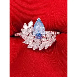Blue Lab Grown Pear Cut Diamond Ring - White Marquises Cut Cluster - 1 CT Center piece 1.85 TCW