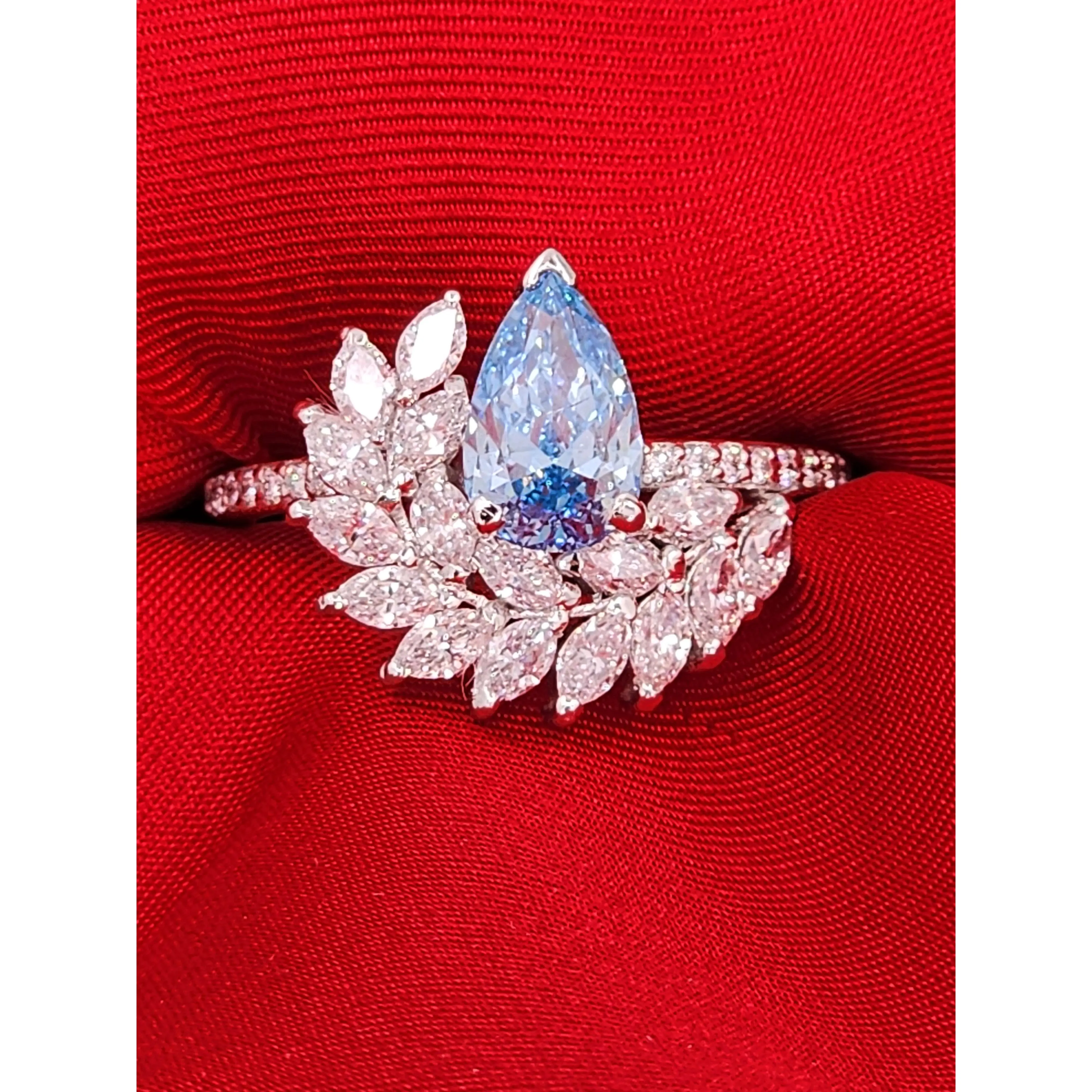 Blue Lab Grown Pear Cut Diamond Ring - White Marquises Cut Cluster - 1 CT Center piece 1.85 TCW