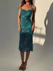 Women's Watercolor Print Mesh Cami Dress, Bodycon Midi Party Dress, Elegant Evening Outfit