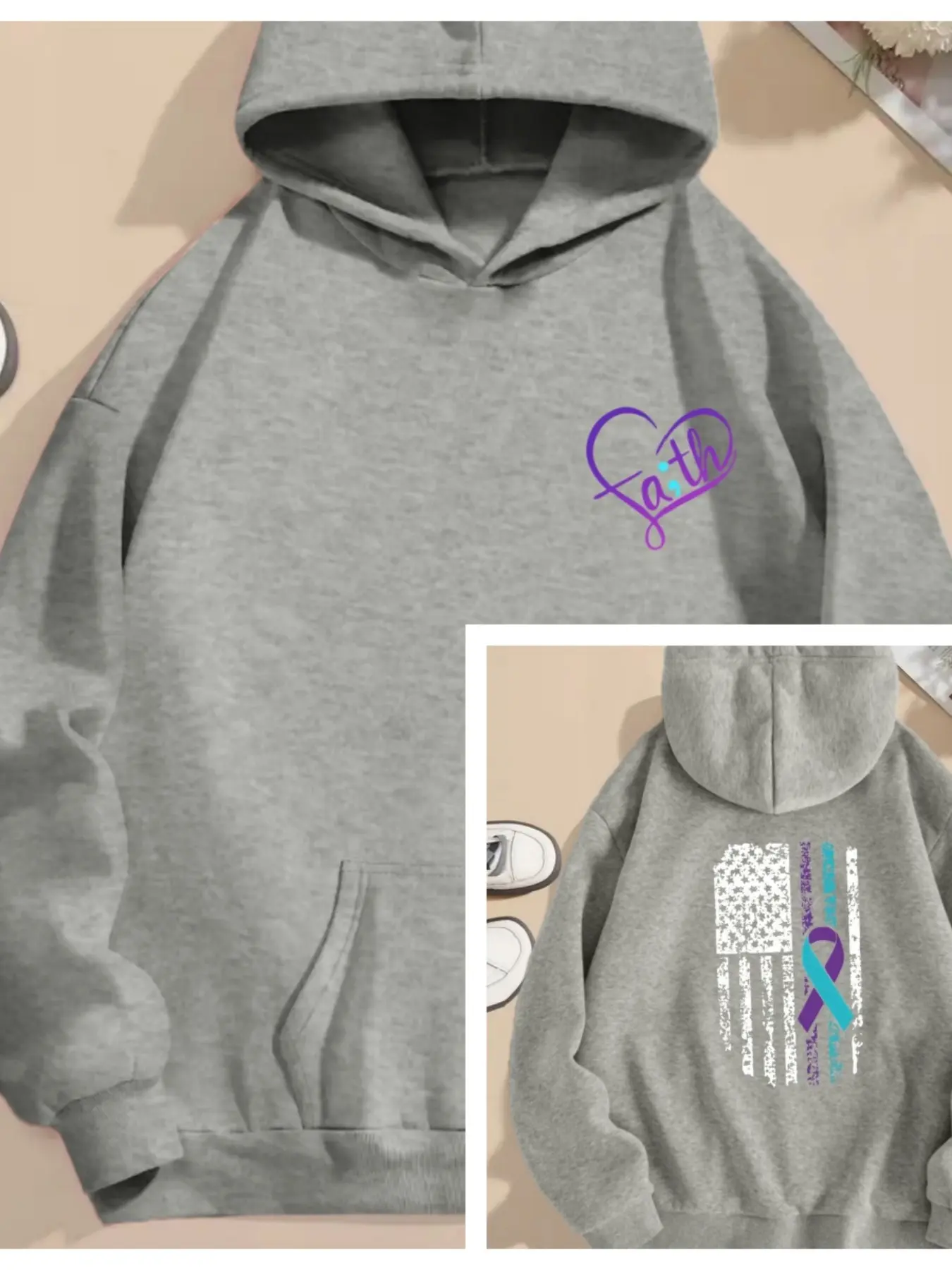 Women's Hooded Sweatshirt, Heart Letter Ribbon Flag Print, Casual Fitted Design, Fall Winter Fashion, Streetwear Style