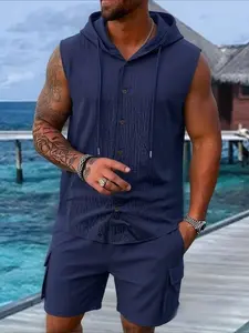 Men's Linen Hooded Sleeveless Shirt and Cargo Pants Set, Multi-Pocket Design, Loose Fit, Breathable Fabric, Summer Vacation