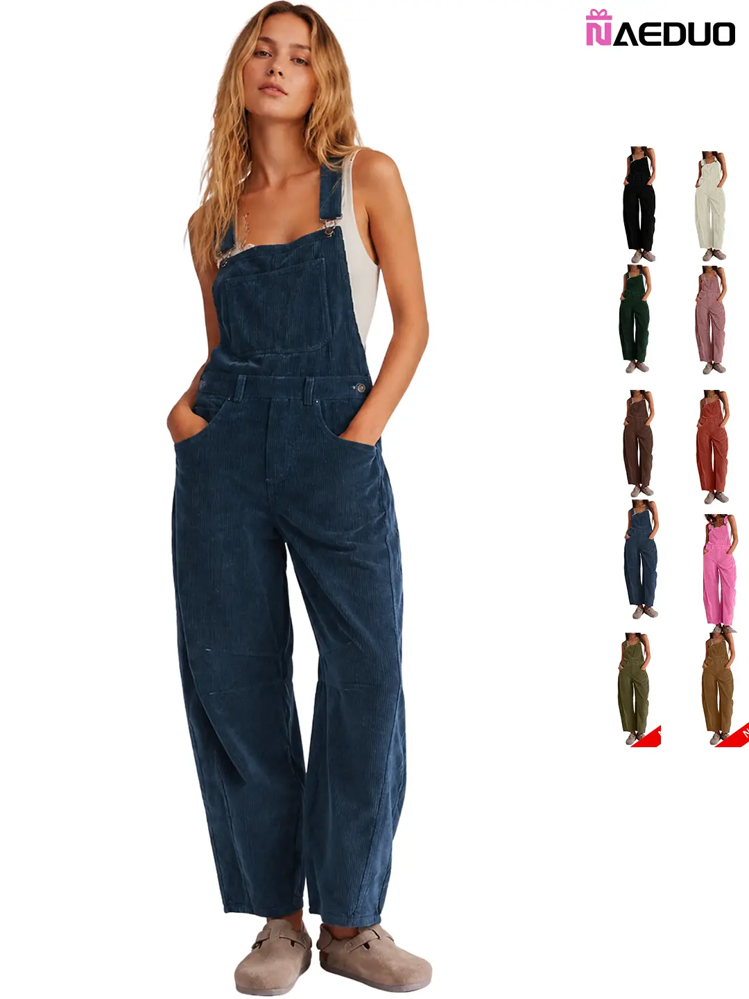 Naeduo Women's Casual Corduroy Full-Length Bib Overalls - Adjustable Strap Wide-Leg Jumpsuit with Front Pockets, Cotton Blend Breathable Fabric, Black Womenswear Style