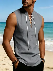 Summer Men's Linen Loose Lace-Up Sleeveless Tank Top! Stand Collar Crisscross Drawstring Design, Lazy & Casual Style, Breathable Linen Fabric, Cool & Sweat-Free, Multiple Colors Available, Perfect for Vacation, Camping & Daily Wear.