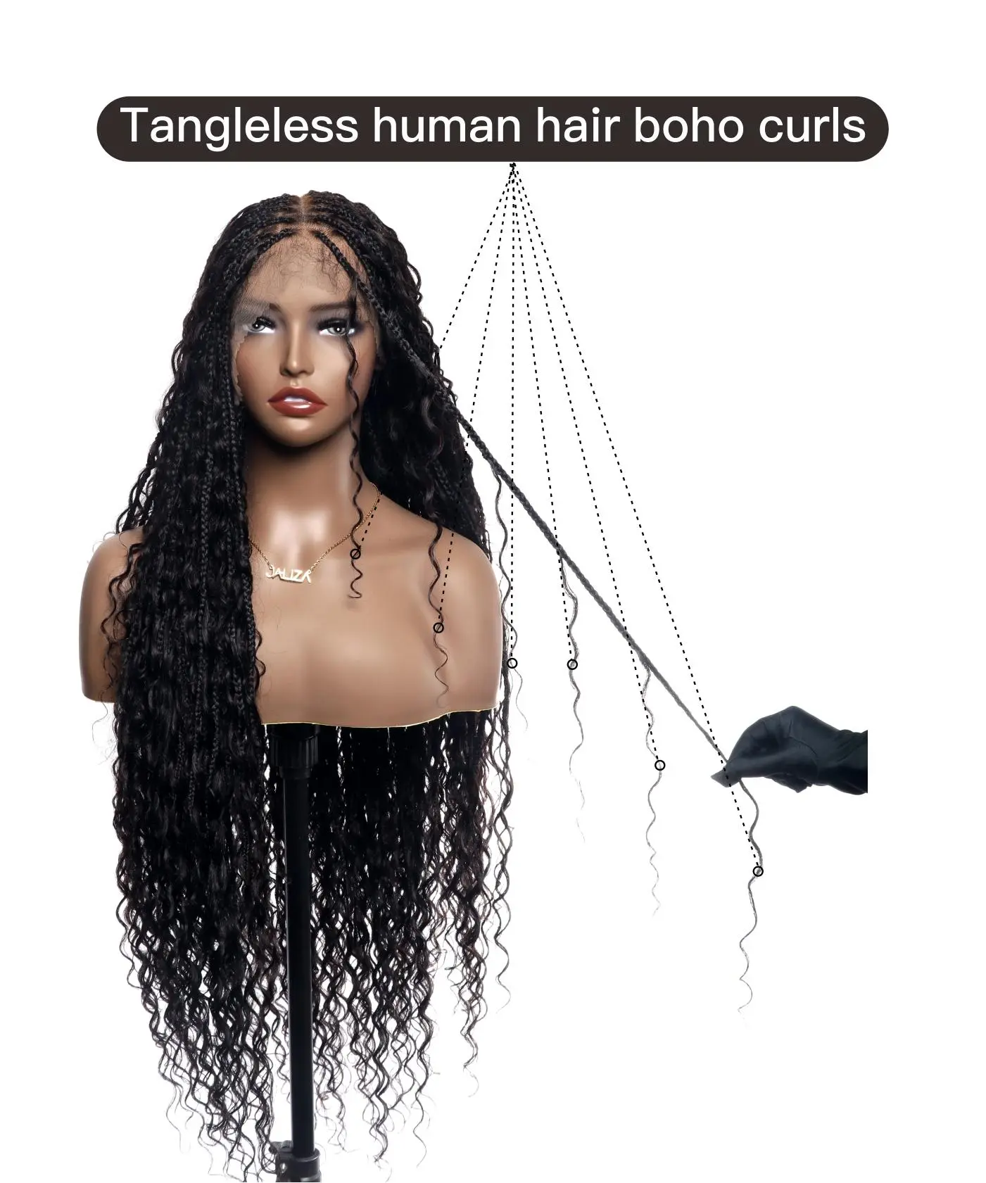 36" Ultra-dense Pre Bleached Human Hair Lace Tangleless Knotless Boho Box Braided Wig Braiding Boho Black Braided Wig