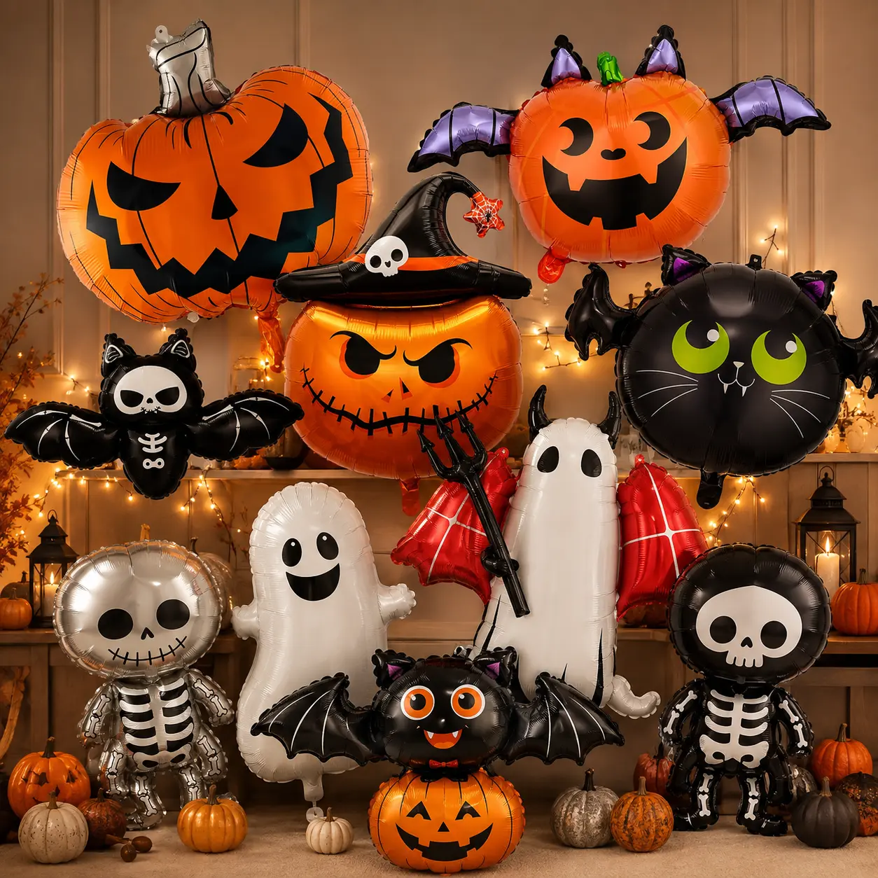 Halloween Foil Balloons, Cute Pumpkin Ghost Skeleton & Bat Party Decorations, Large Spooky Balloons for Halloween Party, Home, Classroom & Photo Backdrop, Uninflated