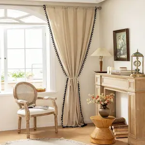 American Style Solid Color Bamboo Linen Half-Blackout Kitchen Curtains, Japanese Simple Fringe Room Divider, Home Decor